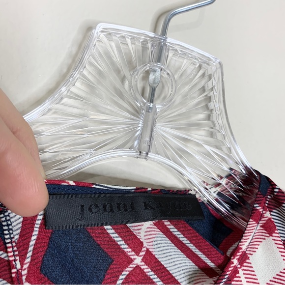 Jenni Kayne 100% Silk Short Sleeve Midi Sheath Dress (Sz S) Red Navy Blue Plaid - Picture 14 of 16